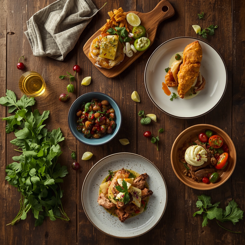 Fresh ingredients and gourmet dishes arranged on a rustic wooden table with natural lighting, professional food photography, top-down view